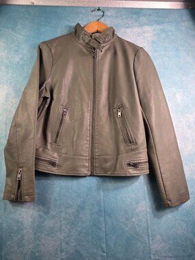 Levi's Gray Faux Leather Moto Biker Jacket Medium Buckle Collar Zip Cuffs